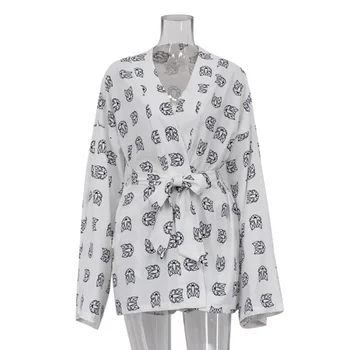 2vnt Pižama Moterų Sleepwear ilgomis Rankovėmis Kimono Megztinis Nėriniai-up Chalatas Laisvi Šortai Tigras Spausdinimo Loungewear Moterų Pjs