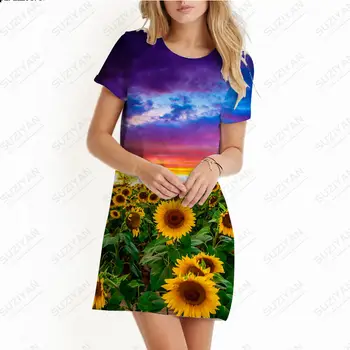 3D atspausdintas drabužiai, moteriški O-kaklo, trumpas rankovėmis marškinėliai megztinis trumpas sijonas prarasti atsitiktinis didelis-line sijonas saulėgrąžų saulėlydžio