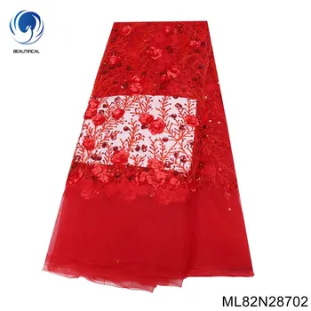 5 Metrų Raudona 3D Gėlių Nėrinių Audinys Prabanga Siuvinėtos Aplikacijos Afrikos Blizgučiai, Siuvimo Vestuvių Suknelė ML82N287
