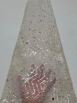 Afrikos Elegantiškas sunkių akmenų Nėrinių Audinys, Nigerija Rankų darbo Prabangūs Blizgančiais Siuvinėjimo Tinklelio, 5 Metrų Audinio Vestuvinių Suknelių Siūti