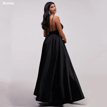 Annie Juoda Prom Dresses V kaklo Satino Oficialus Suknelės-line Backless فساتين للحفلات الراقصة