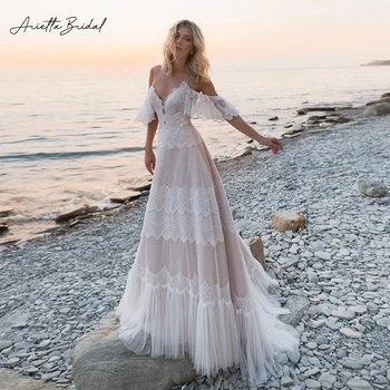 Arietta Bohemijos Nėrinių Vestuvių Suknelės 2023 Giliai V-Kaklo nuo Peties-Line Paplūdimio Vestuvių Suknelės, Backless Boho Nuotakos Suknelės