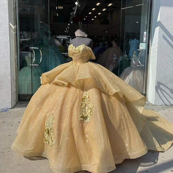 Aukso Brangioji Bling China Saldus 16 Quinceanera Suknelės su 3D Aplikacijos Karoliukai Korsetas Suknelė Vestidos De 15 Anos Maskuotis xv