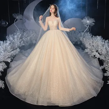 Baltoji Princesė Vestuvių Suknelė Ilgomis Rankovėmis, O-Kaklo Duobute Blizgančiais Blizga Šampano Koplyčia Traukinys Saudo Seksualus Iliuzija Vestuvinės Suknelės
