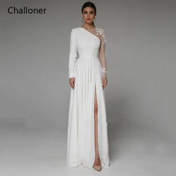 Challoner Nesimetriškas Pusėje Ritininės Vestuvių Suknelės Naujos Ilgomis Rankovėmis Mygtuką Aplikacijos Grindų Ilgio Vestuvinės Suknelės Vestido De Noiva