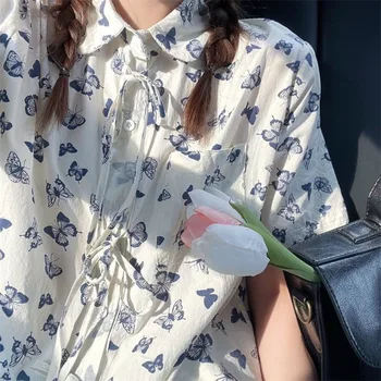 Derliaus Drugelis Grafinis Palaidinė Moterims Mygtuką Iki Vasaros Atsitiktinis Negabaritinių Mados Streetwear Marškinėliai Moterims Y2K Viršūnes Japonų