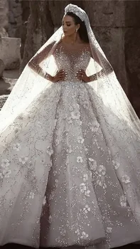 Dubajus Dramblio Kaulo Ilgomis Rankovėmis Prabangių Vestuvių Suknelės 2024 Blizgučiais Rankų Darbo Gėlės Seksualus Nuotakos Suknelė Pagal Užsakymą