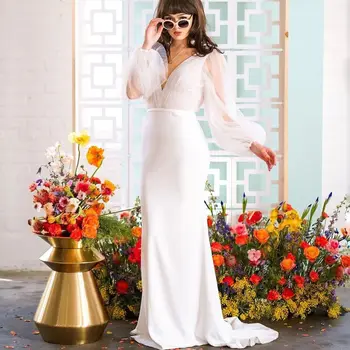 Elegantiškas Sluoksniuotos ilgomis Rankovėmis Nuotakos Suknelės V-Kaklo Backless Vestuvių Suknelė iki 2021 m. Satino Varčias Apvalkalą Vestuvių Suknelė vestidos de novia