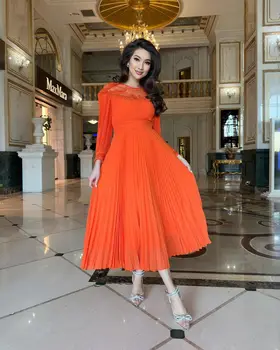 FDY Parduotuvėje Oranžinės spalvos Šifono ilgomis Rankovėmis Prom Dresses فساتين مناسبة رسمية Dubajaus Moterų Vakare Chalatai Vestuvės Dress