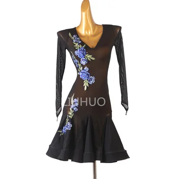 Išsiuvinėti Mėlynos Gėlės Lotynų Suknelė Rasės Suknelė Moteris Profesinės Veiklos Konkurencijos Gamyklos Užsakymą