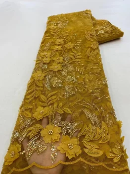 Mados Afrikos Išsiuvinėtu Tiulio, Nėrinių Audinys Su 3D Gėlės Blizgančiais Nigerijos Karoliukai Puošnios Nėrinių Vestuvių Suknelė Šalies Siuvimo