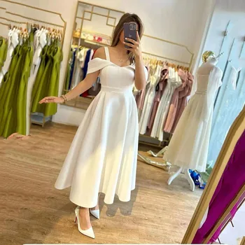 Msikoods Elegantiškas Mini Satino Vestuvių Suknelės 2023 Off Peties Arbatos Ilgio Vestuvinės Suknelės Trumpas Backless Trumpas Nuotakos Suknelė
