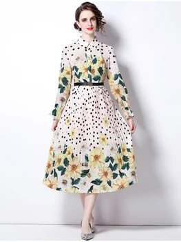 Pavasario Rudens Tako Dizaineris Elegantiškas Plisuotos Suknelė Moterų Ilgas Rankovėmis Varpo Gėlių Dot Spausdinti Diržo Šalies Vestidos N7091