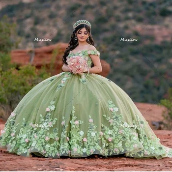 Princesė Žalia 15 Quinceanera Suknelę Su 3D Gėlių Cinderall Reljefiniai Kamuolys Suknelė Promenadzie Suknelė Gimtadienio 2023 Vestido De 15 XV Anos