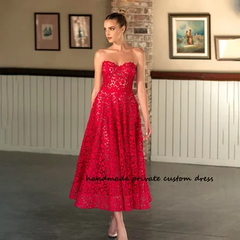 Raudonos Nėrinių Brangioji Prom Šalis Suknelės Kaulų Korsetas Linijos, Elegantiškas Vestuves Suknelė Arbata Ilgis Pasakų Švęsti Homecoming Suknelė