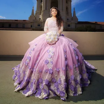 Rožinė Princesė Quinceanera Suknelės, O Kaklas Ilgas Rankovėmis Kamuolys Suknelė Aplikacijos Duobute 3D Gėlių 15 Metų Mergaitė, Suknelės, Šaliai
