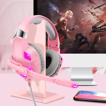 Rožinė Rankų Žaidėjus Mergina su HD MIC & Led šviesa Virš Ausies KOMPIUTERIO, Ausinės Mobilųjį telefoną/Kompiuterį/PS4/XBOX Mergaitėms Dovanų