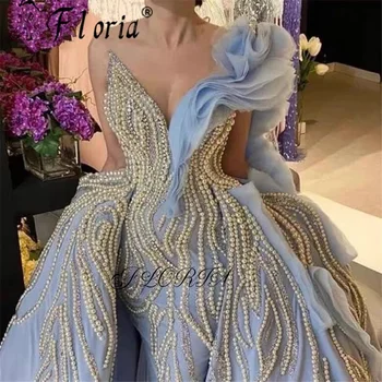 Vestidos De Festa Zawalcowany Pearl vakarinę Suknelę su Overskirt Mėlyną, Vieną Petį Oficialią Šalies Suknelė Arabijos Dubajus Vestidos de Noche