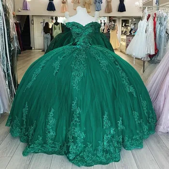Žalia Quinceanera Suknelės Kamuolys Suknelė Nuo Peties Tiulio Appliques Reljefiniai Meksikos Saldus 16 Suknelės 15 Anos