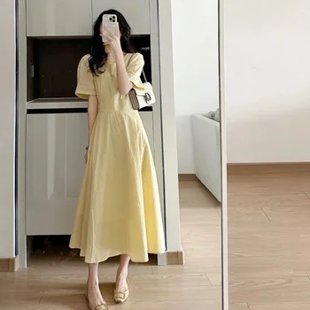 Žąsų geltonas kvadratas apykakle suknelė moteriška vasaros naują korėjos versija, lieknėjimą juosmens temperamentas priemiestinių elegantiškas prancūzų suknelė